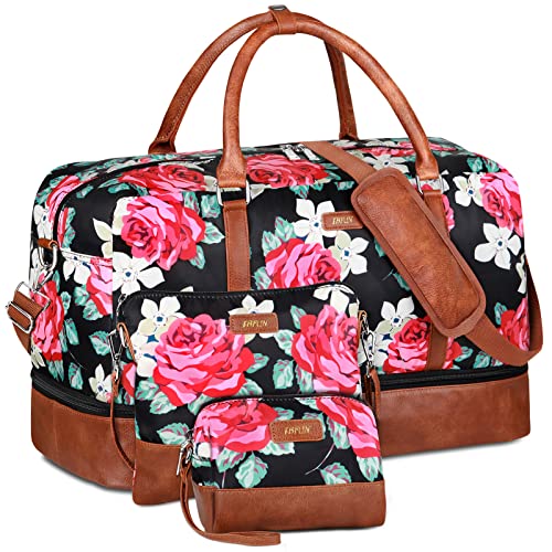 IBFUN Weekender Bags for Women, 21" Weekender Travel Bag, Travel Duffle Bag with Shoe Compartment Carry on Overnight Duffel Bag for Weekend Travel Business Trip, 3PCS - color: C1-Flower