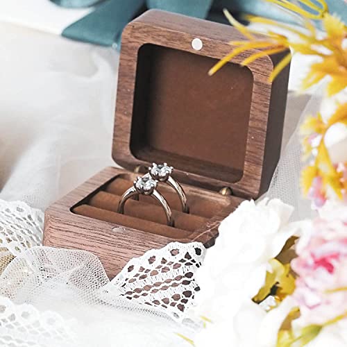 Engagement Wooden Ring Box - Rustic Double Slot Storage Box - Solid Wood Square Vintage Wedding Ring Box (Brown) - color: Rustic - 2 slot - Brown