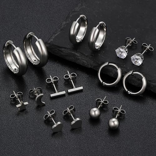 Silver Gold Plated Surgical Steel Flat Back Earrings for Women Hypoallergenic 14K Gold Plated Stud Huggie Earring Set Fashion Shell Cubic Zirconia Flatback Studs Cartilage Earrings Pack for Multiple Piercing 5/8Pairs - color: 8 Pairs Silver Plated Huggie/