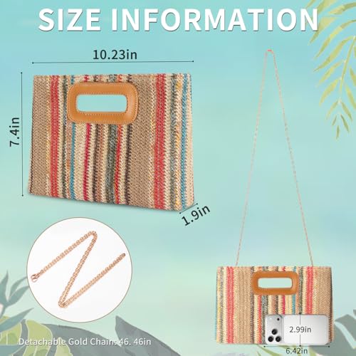 Beach Clutch Bag Straw Summer Clutch Purses for Women Handmade Woven Purse Detachable Gold Chain, Crossbody - color: Colorful