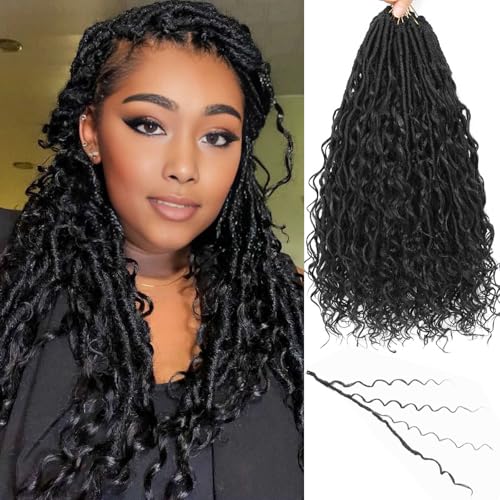 Goddess Locs Crochet Hair 7 Packs Bohemian Faux Locs Pre-Looped Braids, Black Boho Goddess Soft Locs Crochet Hair with Curly Ends Hair Extensions for Women (1B, 18 Inch) - color: 1B, size: 18 Inch