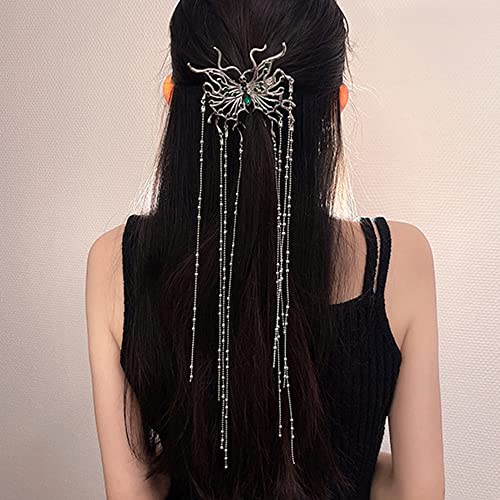 Jumwrit Silver Rhinestone Hair Clip Semi Circle Hair Barrette Long Beaded Chain Tassel Ponytail Holder Clip Boho Big Spider Hair Clip Bling Hair Accessories for Women Girls