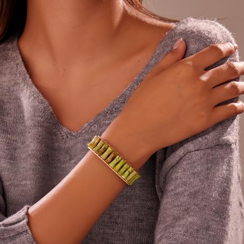 Sriomu 7 Chakra Bracelets for Women Handmade Natural Jasper Stone Healing Bead Bracelet Women Men Boho Friendship Inspirational Jewelry Natural Jasper Stone Double Layer Healing Bead Jewelry Gifts - color: Light Green - Leather