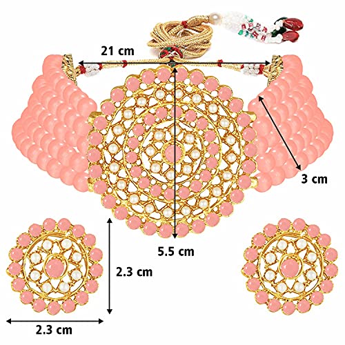 Aheli Pearl Diamond Choker Necklace & Round Earrings Gift for Women Indian Traditional Bollywood Fashion Bharatanatyam jewellery set - color: Peach