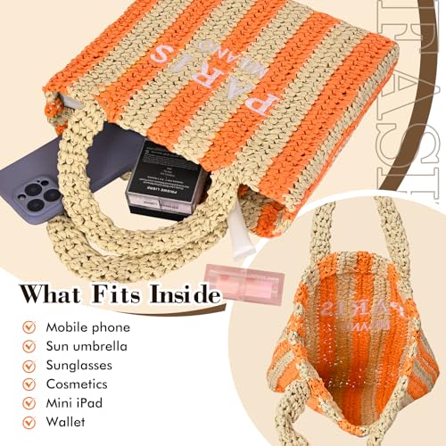Straw Beach Bag for Women Summer Woven Tote Bag Packable Straw Purses and Handbags for Vacation Holiday - color: S-orange