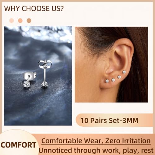 10 Pairs Small Stud Earrings for Women Precision-Cut Cubic Zirconia Earrings for Sensitive Ears Hypoallergenic Surgical Stainless Steel Tiny Stack Earrings for Multiple Piercing - color: 3mm-10 Pairs