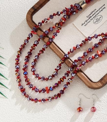 Errally Layered Beaded Statement Necklace Multi Strand Crystal Beads Collar Necklace and Earring Sets for Women Fashion Costume Jewelry Set Gifts for Her - color: 15-Dark Red