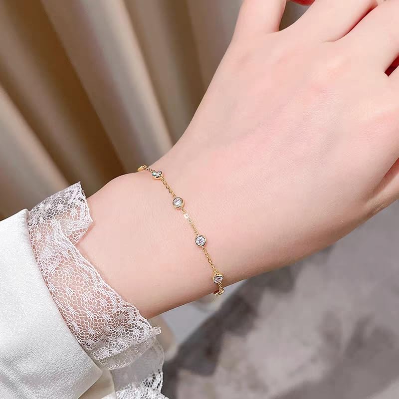 Cubic Zirconia Station Bracelet for Women, 14K Gold Plated or 925 Sterling Silver, Dainty Adjustable Chain, Stackable Minimalist Jewelry - color: Yellow Gold