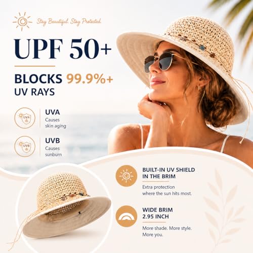 TOP-EX chicpony™ Cooling UPF 50+ Wide Brim Beach Hand Crochet Straw Hat - color: Natural, size: Medium