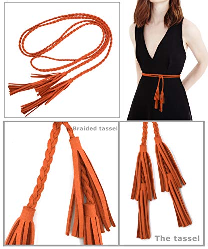 TeeYee Women Girls Multi Colors Braided Waist Tie Belt/Rope/Chain with Tassel Fringe Wrap Cloth Belts for Ladies Dress Pants - color: Orange