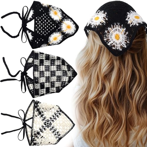 3 Pcs Daisy Crochet Bandana, Cute Bandanas for Women, Flowers Crochet Head Scarf, Floral Head Scarf for Women's hair Styling Decor (Black, White) - color: Black, White-Style2
