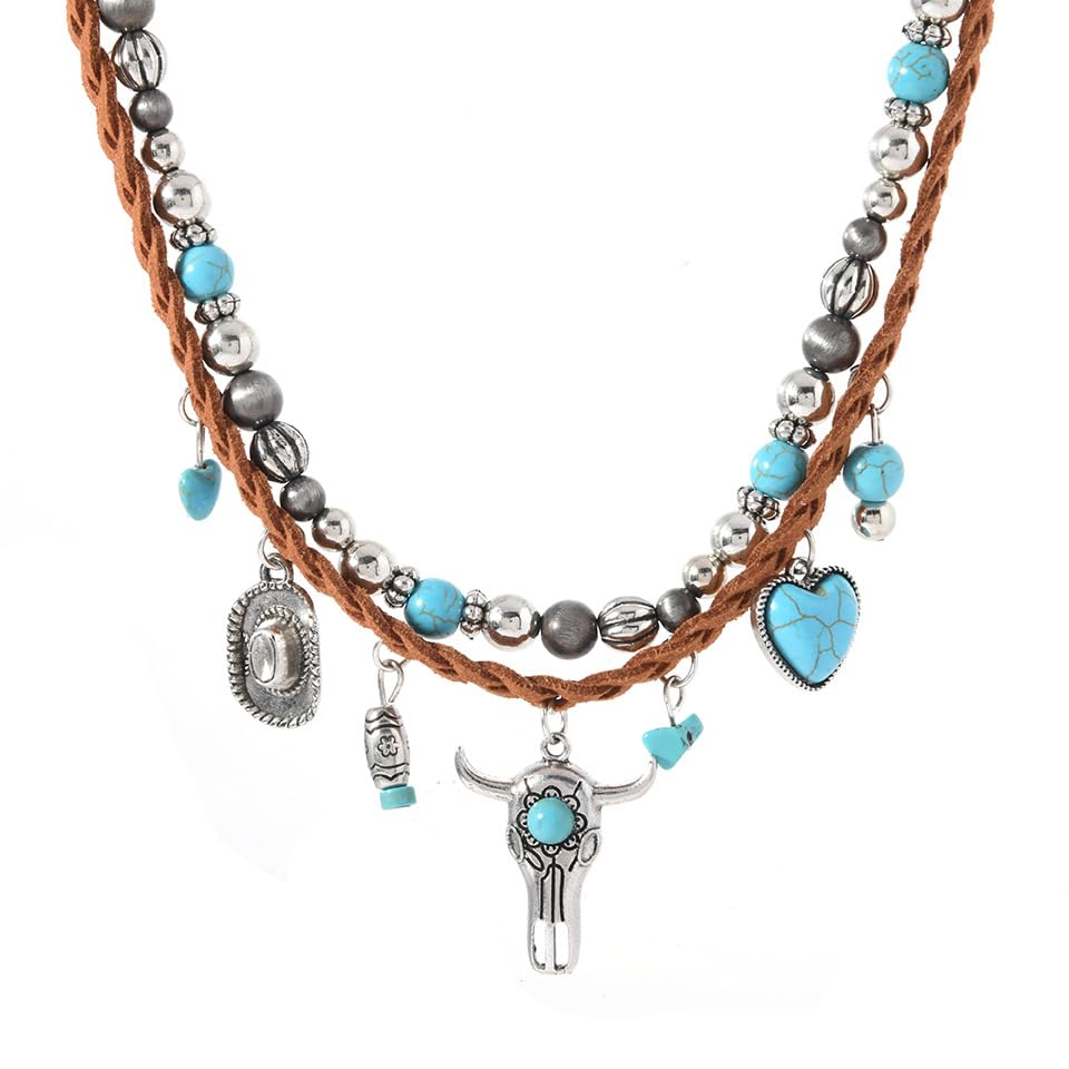 ONLYJUMP Boho Turquoise Leather Choker Necklace for Women Bohemian Handmade Leaf Layered Black Brown Suede Western Cowlady Necklace Western Country Party Jewelry Gifts - style: Ox heart
