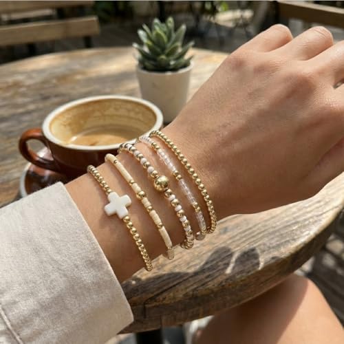 Gold Beaded Cross Bracelet for Women, 14K Plated Adjustable Stackable Dainty Bracelets, Non Tarnish Fashion Jewelry Set Gifts for Women Birthday Friendship - color: Colors-8