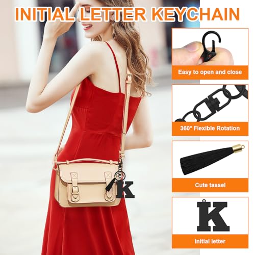 Oubaka Initial Monogram A-Z Keychain for Women, Cute Initial Letter Keychain with Tassel for Handbag Car Key Bag Keyring - color: Black-k