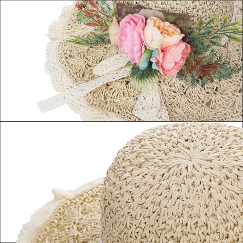 Realistic Flowers Floppy Straw Hats for Women, Chic Wide Brim Lace Trim Bowknot Summer Sun Caps Portable Anti-UV Sun Protection Shopping Fishing Gardening Travel Beach Caps Topee Fisherman Hat Beige