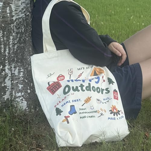Canvas Tote Bag with Zipper for Women, Aesthetic Tote Bag with Pocket for Vacation, Shopping, Travel, Beach - style: Happy Outdoors