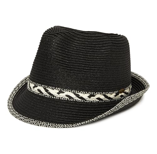 Funky Junque Straw Fedora Hats for Women - UPF 50+ Sun Hat, Short Brim Packable Beach Hat with Woven Pattern - color: Black