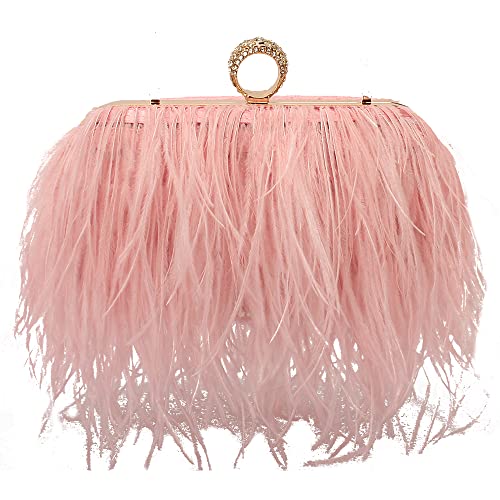 Women Real Natural Ostrich Feather Evening Bags Purses Clutch Vintage Banquet Handbag - color: Pink