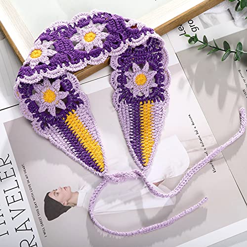 CHLINS Daisy Floral Elastic Handmade Crochet Headbands - 3PCS Bohemian Knit Head Wraps for Women and Girls (Colorful: Purple, Green, Orange) - color: (Colorful) Purple+Green+Orange