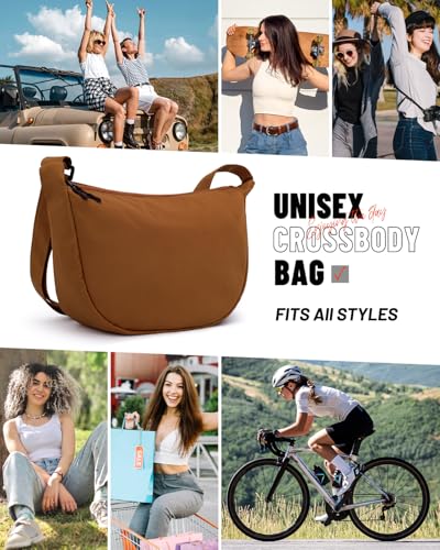 Crossbody Crescent Bag for Women Men Trendy, Crescent Sling Bag with Adjustable Strap, 2 Zippers Lightweight - color: Brown