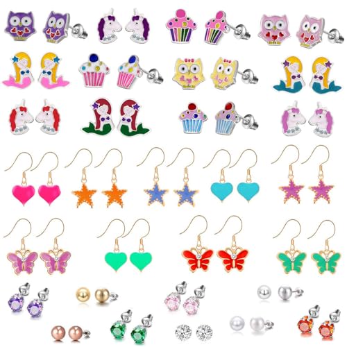 33 Pairs Stainless Steel Cartoon Earrings for Girls - Hypoallergenic Colorful Stud Earing Set, Mix & Match Cute Earring for Teens, Kids, Doll Dressup Accessories - style: Style E