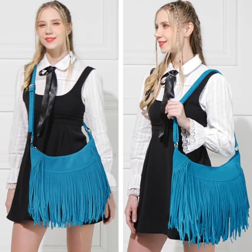 Sunwel Fashion Women Fringe Hobo Bag Western Purse Shoulder Bag Vegan Suede Tassel Hippie Crossbody Bag - color: Turquoise Blue