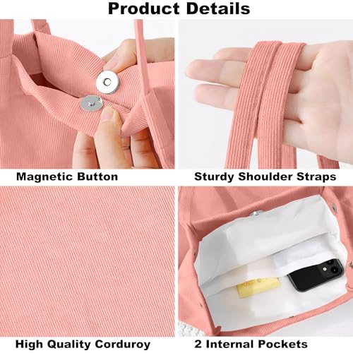 Corduroy Tote Bag for Women Small Canvas Shoulder Purse Cord Handy Bag with Inner Pocket | with Front Pocket - color: 02 Hot Pink