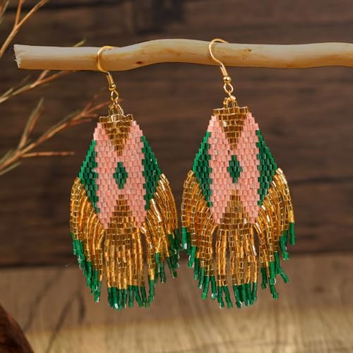 Bohemian Beaded Long Tassel Dangle Earrings for Women, Handmade Jewelry White Tarnish Resistant Lightweight Design, Stylish Accessory for Beach Vacation Party and Gift - color: Gold