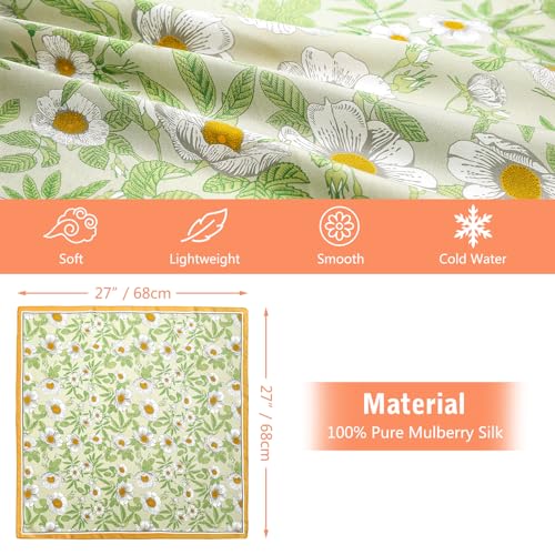 Stlvoll 100% Silk Head Scarf for Women - 27" Hair Scarves Satin Bandanas Square for Night Sleeping with Gift Packed - color: Green/Yellow/Flower