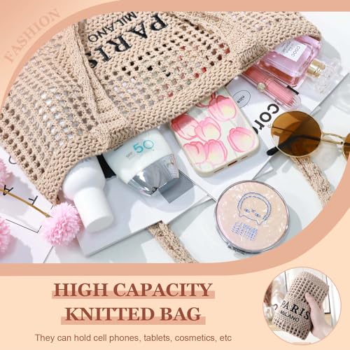 Ayieyill Crochet Tote Bag For Women, Crochet Mesh Beach Tote Bag Summer Vacation Aesthetic Boho Knit Bag for Women - color: G/Light Khaki