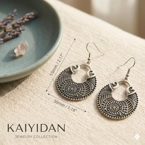 Silver Dangle Earrings For Women Trendy,Boho Cute Drop Western Earings,Vintage Gothic Ethnic Statement Beach Vacation Long Earrings with Leaf Teardrop Turquoise Crystal Tassels,Fashion Jewelry Birthday Gift. - color: A37) Vintage Engarved Loops Dangle