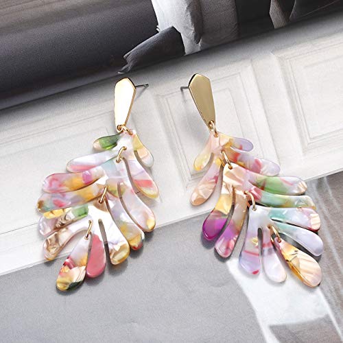 ARATLENCH Acrylic Pendant necklace Earrings – Long Statement Leaf Charm Necklace Tortoise Resin Palm Leaf Earrings Fashion Necklaces Earrings for Women - color: Floral -earrings