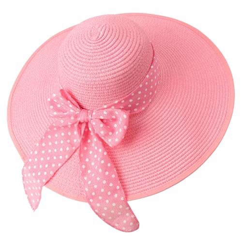 DRESHOW Beach Hats for Women Big Straw Wide Brim Summer Hat Floppy Foldable Roll up Cap Sun Hat UPF 50+ - color: 1 Pc: Pink With White Polka Dots