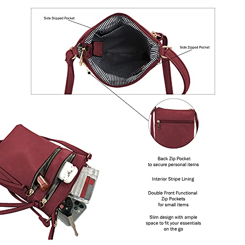 DELUXITY Crossbody Purse Bag Shoulder Bag Multi Pocket Zipper Purse - color: Wine