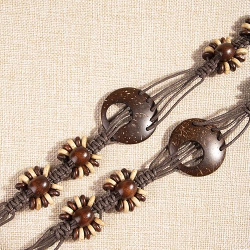 Women Braided Waist Belt Boho Woven Belt with Wooden Beads and Ring Clasp Vintage Long Tassel Rope Tie Belt for Dress - color: Brown 2