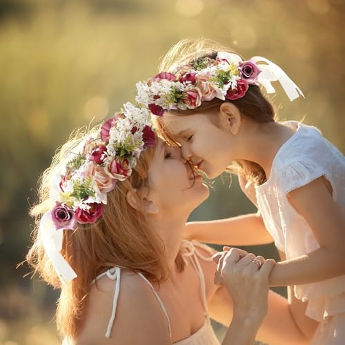 Rose Flower Crown Women Boho Flower Headband Hair Wreath Floral Headpiece with Ribbon Flower Leaves Crown for Wedding Festival Party Photos - color: Rose Flower Crown