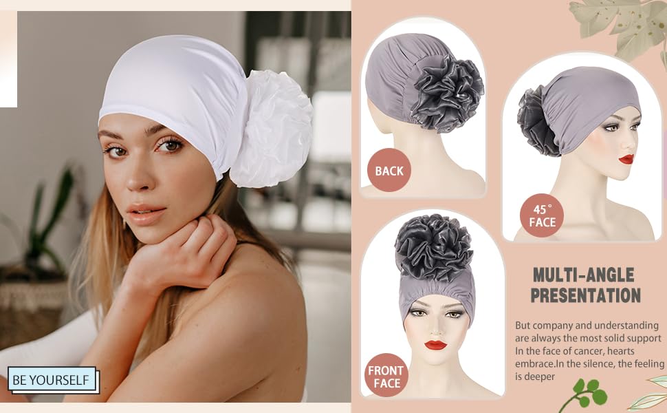 Women Big Flower Turban Hat Head wrap Headwear Cancer Chemo Beanie Cap Hair Loss Cover - color: Yellow