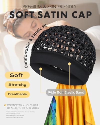 Satin Silk Press Scarf - 2 in 1 Wrap Cap with Built-In Hair Net Scarf, Soft Headband Hair Net Warp Cap for Women, Shower cap - color: Endless Landscape