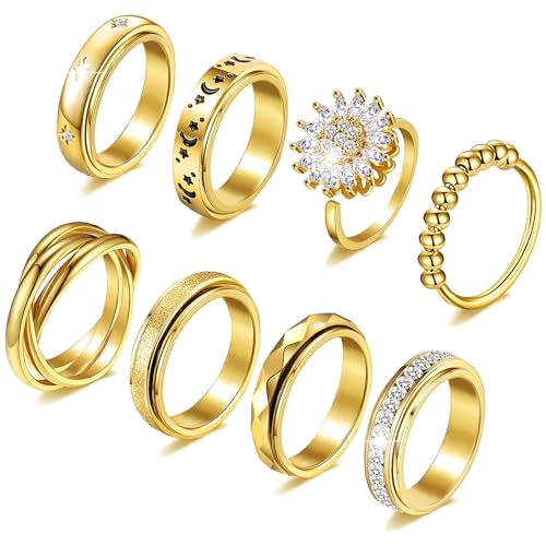FEYIR 8 Pcs Fidget Rings for Women Anxiety Spinner Stainless Steel CZ Band Ring Spinning Rings Set for Anxiety - color: 8pcs-Gold