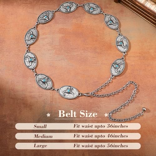 XZQTIVE Women Boho Chain Belts For Dresses Jeans Western Cowgirl Waist Links Belt Adjustable Metal Concho Belt - size: Fit Waist upto 36inches, style: Bull Turquoise Silver