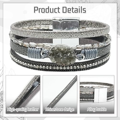 2Pcs Boho Bracelets Woven Leather Multi-Layer Wrap Crystal Bead Bracelet Inlaid Rhinestone Stackable Fashion Women Bracelet Jewelry (Gray + Silver)