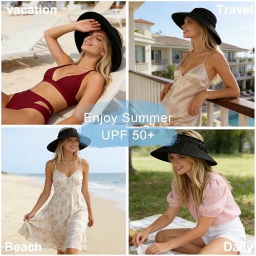 Women's Sun Visor Hats Wide Brim Beach Hat Straw Ponytail Visor Packable Foldable UPF 50+ Floppy Travel Hats - color: Black01