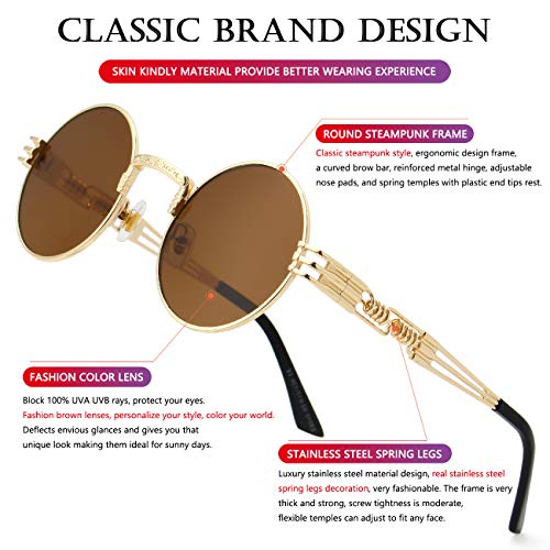 AIEYEZO Round Steampunk Sunglasses for Men Women Retro Circle Hippie Glasses Metal Frame 100% UV Blocking Lens - color: Gold/Brown