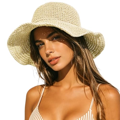 Straw Bucket Hat for Women Foldable Summer Beach Sun Hats Wide Brim Crochet Floppy Hat for Vacation Travel Shade & Style - color: Beige-b