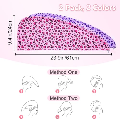 Basumee Microfiber Hair Towel Wrap for Kids 2 Pack Rapid Drying Hair Towel with Button Hair Turbans for Wet Hair Wraps Head Towel Wrap for Women and Girls - color: Pink Purple Leopard