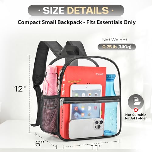 Oraben Clear Backpack Stadium Approved, Clear Bag 12 x 6 x 11 in, Small Transparent Backpack for Concerts, Sports Events, Festivals, Waterproof, Adjustable Straps, Women Men - color: Black, style: Enhanced Strap