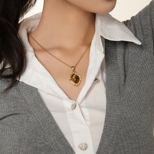 14k gold Vintage Tiger's Eye Pendant Necklace - size: Large