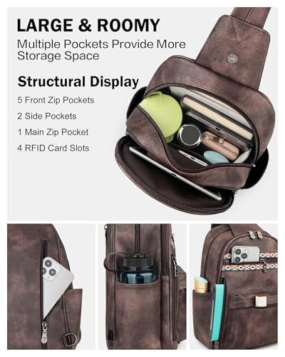 FADEON Large Sling Bag for Women, Leather Crossbody Purse Designer Anti Theft Sling Backpack, RFID Fanny Packs for Travel - color: Coffee Brown Retro Style