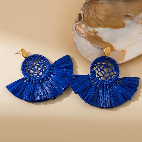 Boho Raffia Summer Beach Earrings for Women, Large Statement Dangle Drop, Lightweight Handmade Woven Fan Tassel Jewelry - color: Navy Blue