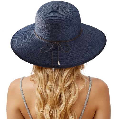 Sun Hats for Women, Straw Hats UPF 50+ Sun Protection, Wide Brim Womens Beach Hat for Summer Travel - color: Navy Blue
